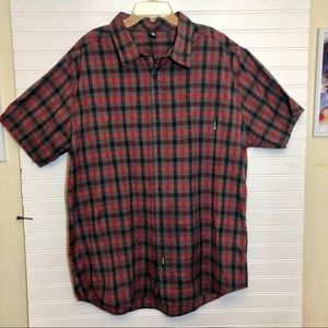 Rusty Red Black Plaid Men Short Sleeve Button Down Size Large